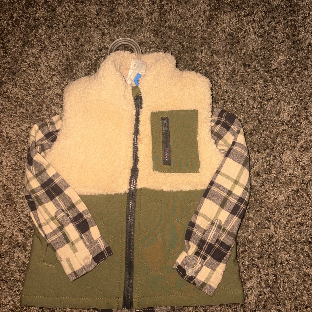 Kids Olive Green Sherpa Vest with Plaid Sleeves